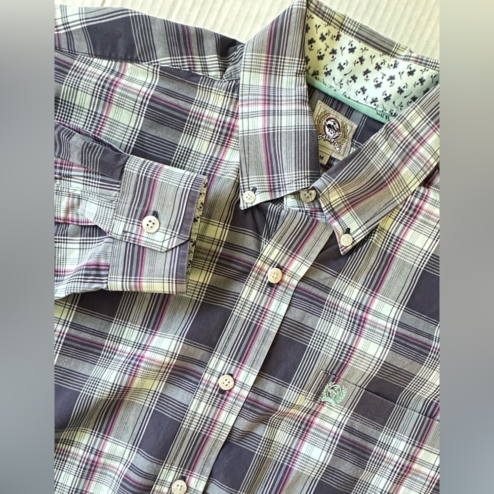 Cinch Shirt Mens Medium Button Down Gray Plaid Western Cowboy Purple Blue Stripe